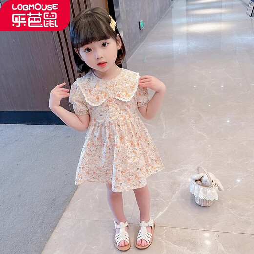 乐芭鼠童装女童连衣裙女宝宝衣服夏季甜美可爱碎花裙小孩裙子公主裙娃娃领洋气时髦薄款中小童 桔色 100码建议2-3岁 ( 90-100cm )