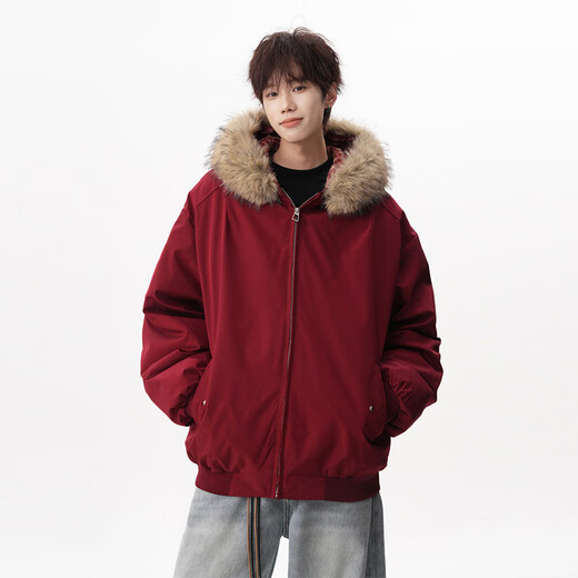 OEMG fur collar hooded plaid design cotton jacket for men winter college style thickened warm and cold-proof loose top jacket gray high quality XL recommended 110-130Jin Jin equals 0.5 kg