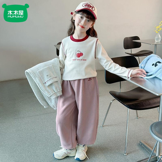 Mumuwu girls' leggings autumn and winter 2026 new children's velvet thickened pants little girls casual pants sports pants pink one-piece velvet 110 pants length 64 cm