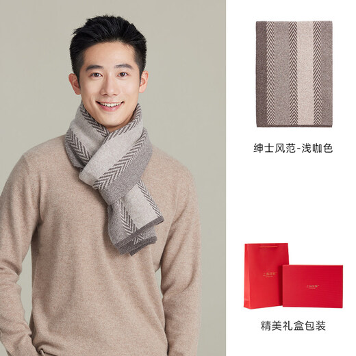 Shanghai Story New Autumn and Winter Scarf for Men Sheep Wool Knitted Lamb Wool Warm Thickened Scarf for Elders Gift Box Gentleman Style - Light Brown