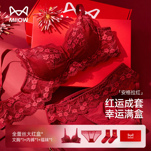 Cat Man Red Underwear Women's Qiji Red Small Breasts Gathered Animal Year Horse Year Harvest Secondary Breasts Pure Desire Sexy Bra Gift Box Set