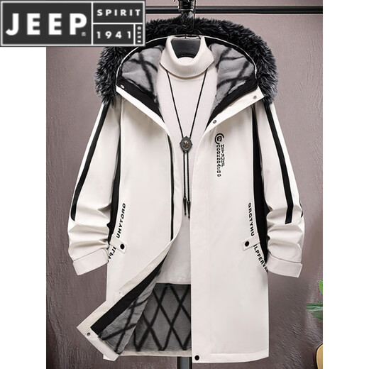 JEEP SPIRIT парка средней длины с меховым воротником для мужчин осенью и зимой плюс бархатная утолщенная куртка с капюшоном, хлопковая зимняя ветровка 6687, черный съемный меховой воротник M