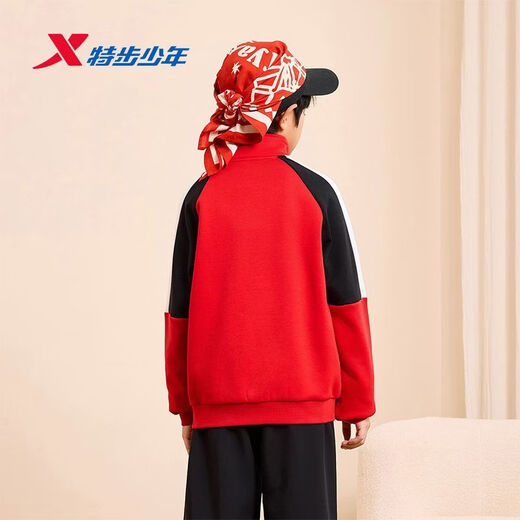 Xtep 2026 new children's clothing spring velvet New Year's sweatshirt for boys and girls, half-breasted warm and cold-proof casual top, sandstone red 140