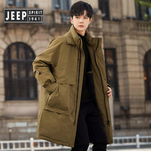 JEEP SPIRIT Jeep men's mid-length down jacket 2025 winter new white duck down fake two-piece thickened warm parka jacket Khaki M (130Jin Jin is equal to less than 0.5 kg)