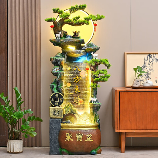 Waterscape gathering treasure basin flowing water ornaments circulating water feng shui wheel office living room floor-standing wealth-enhancing water curtain opening gift decoration 9136 small size 118CM high with lights and fog