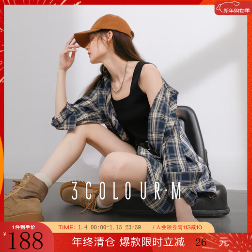 Sancai 2025 autumn new plaid shirt loose mid-length shirt cardigan lapel casual retro M navy plaid S 155/80A