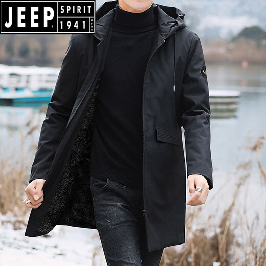 JEEP SPIRIT winter velvet jacket men's loose windbreaker mid-length coat trendy top fashion large size thickened warm cotton coat 1813 black velvet 7XL (230-255Jin Jin equals 0.5 kg)