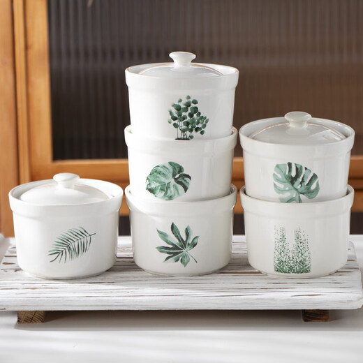 Stew cup, water-proof stew pot for one person, home with lid, bird's nest steamed egg custard pot, stew soup, ginseng cup, hotel Shaxian soup, stew pot with 4 green leaves - 4.5 inches with lid (approx.) 400ml