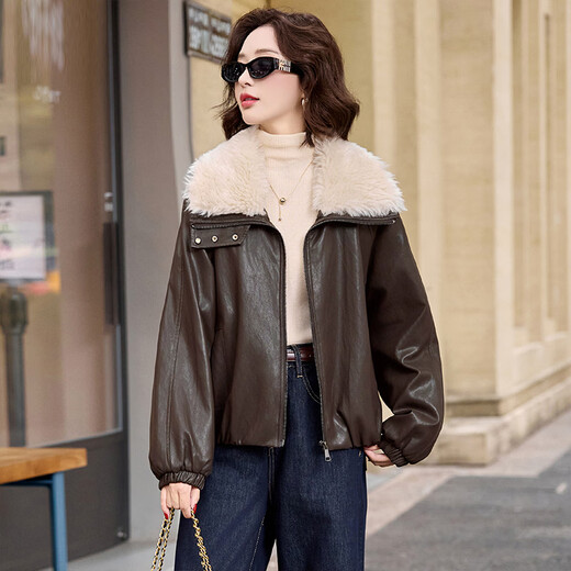 Chuxin velvet thickened PU leather jacket women's short 2025 winter new style women's retro style warm high-end jacket coffee color (velvet thickened) M