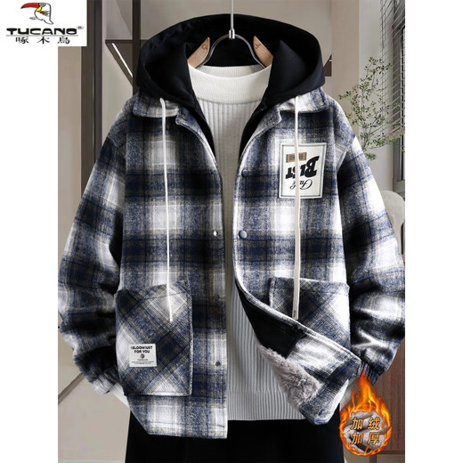 Woodpecker (TUCANO) autumn and winter vacation two-piece jackets for boys, junior high and high school students, velvet and thickened, teenagers and older men's jackets, cotton-padded jackets 8509 black plaid (single jacket), velvet and thickened M 80-100Jin Jin is equal to about 0.5 kg