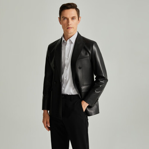 SATCHI suit collar double-breasted solid color business casual British style soft and comfortable leather jacket men's black black one size 48