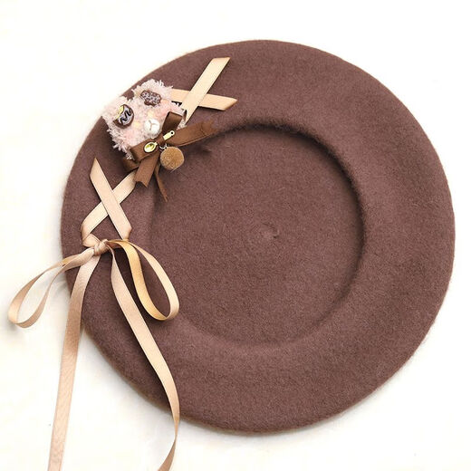 Xiaohongshu's popular beret 2024 new versatile and cute retro bear painter hat for women Japanese winter hat khaki with bear M (46-48cm) one size