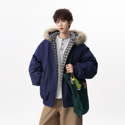 OEMG fur collar hooded plaid design cotton jacket for men winter college style thickened warm and cold-proof loose top jacket gray high quality XL recommended 110-130Jin Jin equals 0.5 kg