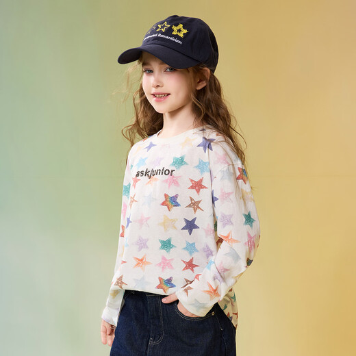 ASK JUNIOR children's hot diamond long-sleeved T-shirt 2026 spring middle and large children's full-print star bottoming shirt girls' inner top, color 150