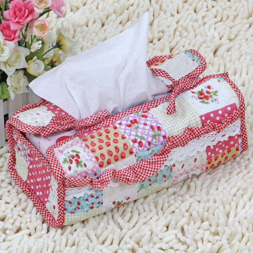 Shantou Lincun Quilted Creative Box Cover Fabric Pastoral Cute Fashion Korean Car Tissue Box Home New Product Tissue Cover Lace Small Strawberry_Large Rectangular Type