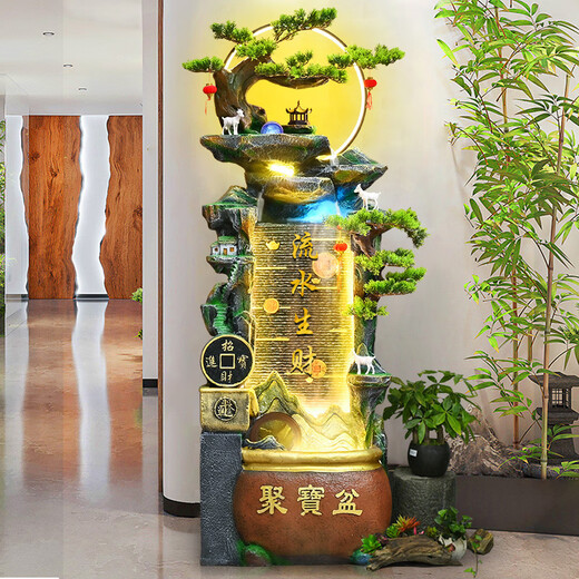 Waterscape gathering treasure basin flowing water ornaments circulating water feng shui wheel office living room floor-standing wealth-enhancing water curtain opening gift decoration 9136 small size 118CM high with lights and fog