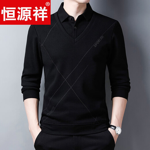 Hengyuanxiang camiseta de manga larga para hombres de mediana edad de alta gama para hombres primavera y otoño cuello de camisa delgada camiseta falsa de dos piezas ropa de papá para hombres negro 8832 L 170