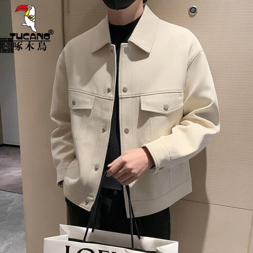 啄木鸟（TUCANO）男士夹克外套秋冬季加棉加厚休闲廓形潮流斜纹明线短款翻领工装 杏色 常规 2XL (160-170斤)