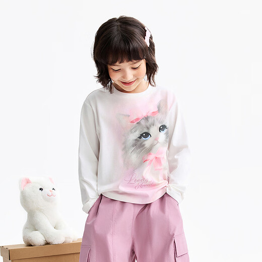 Annil children's clothing girls' round neck long-sleeved sweater 2026 spring new style off-white 110
