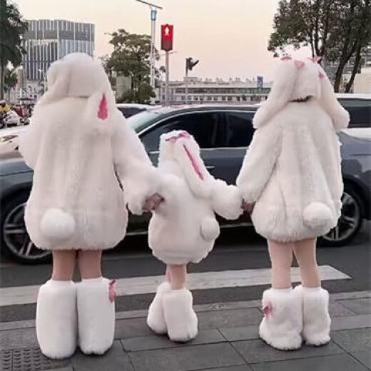 G.duck winter parent-child clothing for mothers and girls, cute plush bunny suit, bunny clothes for girls plus plush four-piece set, cartoon rabbit 150 cm