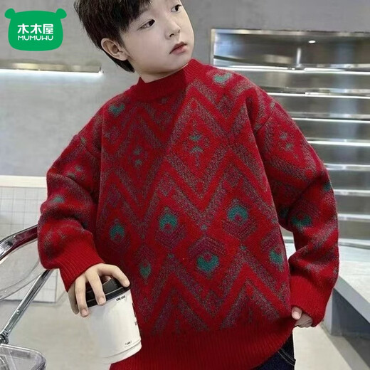 Mumuwu boys' sweater, medium and large children's warm sweater, autumn and winter velvet thickened new year boy's New Year red top Peacock Feather Red 110