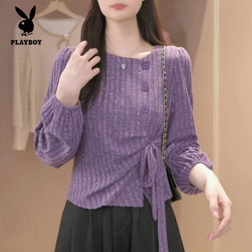 Playboy (PLAYBOY) slant collar autumn and winter lace-up French irregular warm long-sleeved shirt bow western style slim fashion top Dark Violet M Recommended 105 Jin Jin is equal to within 0.5 kg