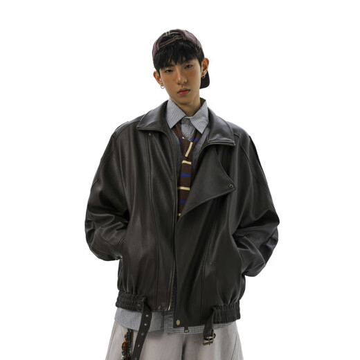 Double-layer collar plus velvet design stand-up collar motorcycle jacket men's American retro Maillard PU leather jacket black plus velvet 4XL recommended (180-195Jin Jin equals 0.5 kg)