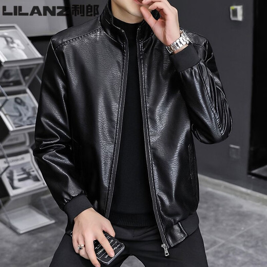 利郎（LILANZ）秋冬加绒加厚男士立领皮衣外套韩版宽松皮夹克简约潮流休闲机车服 黑色  单 L