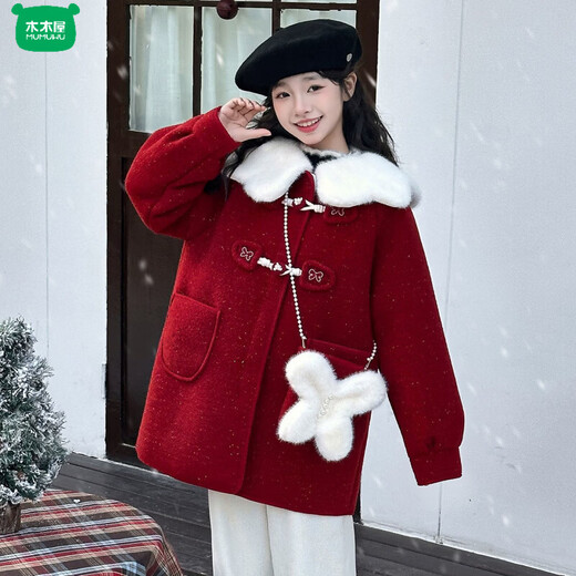 Wooden house girls autumn and winter woolen coats children's velvet thickened coats middle and older children's New Year's clothing festive woolen coat trend red coat 130