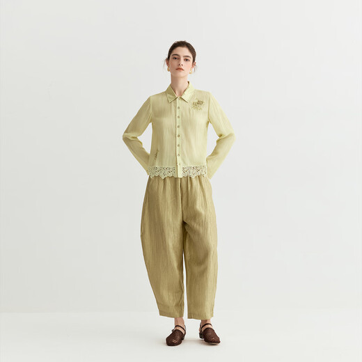 EIN Hollow Rose EIN Romantic Embroidery Vertical Strips Pleated Collision Stitching Shirt Women 2026 Early Spring New Olive Green S