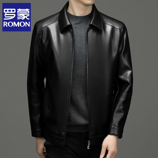 ROMON leather jacket men's 2026 new spring and autumn trendy brand handsome motorcycle jacket men's velvet thickened leather jacket top black thickened style XL (180)