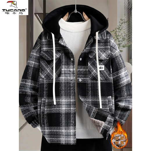 Woodpecker (TUCANO) autumn and winter vacation two-piece jackets for boys, junior high and high school students, velvet and thickened, teenagers and older men's jackets, cotton-padded jackets 8509 black plaid (single jacket), velvet and thickened M 80-100Jin Jin is equal to about 0.5 kg