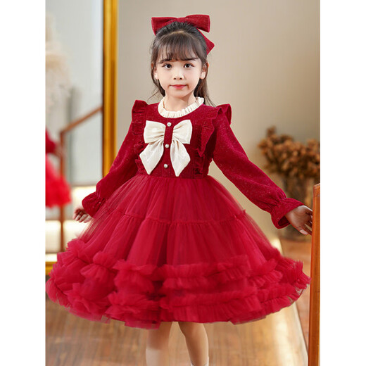 HAL.DUCK Girls' New Year's Clothes Fashionable Autumn and Winter Skirts Children's Dresses Winter Clothes Little Girls New Year's Winter Princess Dresses 2586 Red Free Tiara 110 cm