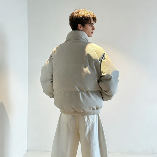 NYING canvas leather cotton jacket men's winter new American trendy brand stand-up collar short cotton jacket thickened warm loose cotton jacket off-white M (90-110Jin Jin equals 0.5 kg)