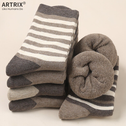 Brown terry women's autumn and winter socks for women, mid-length warm mid-length adult plus velvet thickened winter towel, brown strips, one size fits all, 10 pairs (women's size 3540)