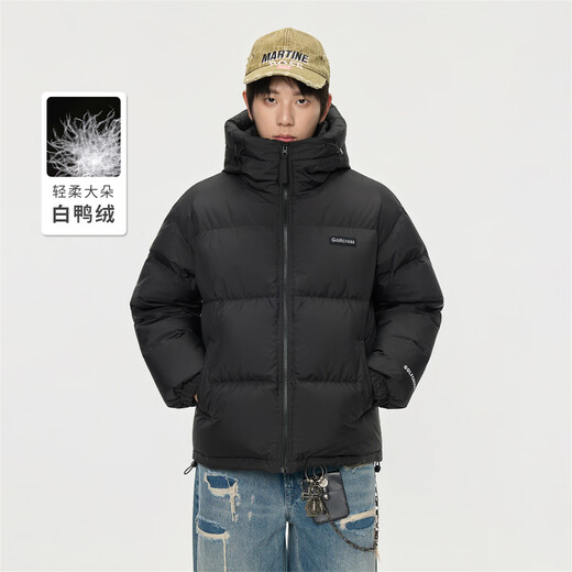 GOLFCROSS90 white duck down simple letter printed loose warm hooded down jacket jacket for men and women, black XL