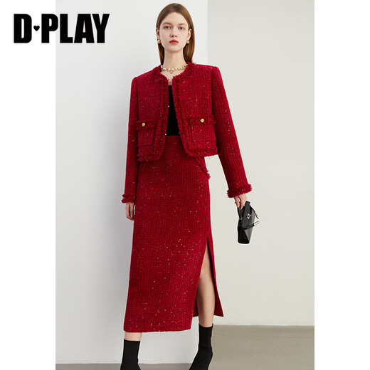 DPLAY2025 Autumn Little Fragrance Style Red High Waisted Skirt Tweed Midi-Length Skirt for Women Midi-Length Skirt-Retro Red S