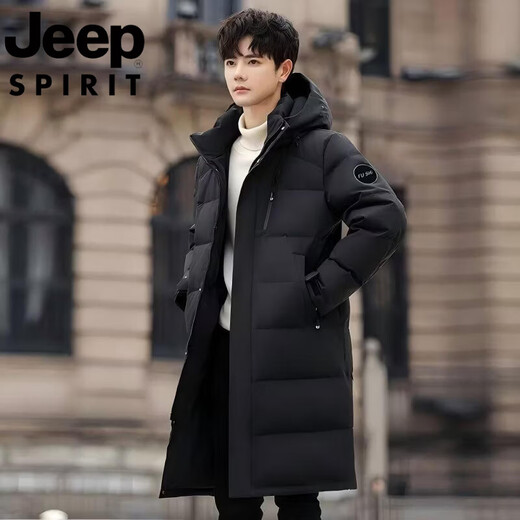 JEEP吉普国际品牌中长款羽绒服男士冬季2025新款情侣连帽保暖休闲外套 黑色 M 80-115斤可穿