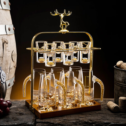 High-end light luxury crystal glass white wine glass set, household Chinese-style one-cup, small wine glass, two-quarter wine set, transparent handleless, 6 pots, 6 cups + golden deer cup holder