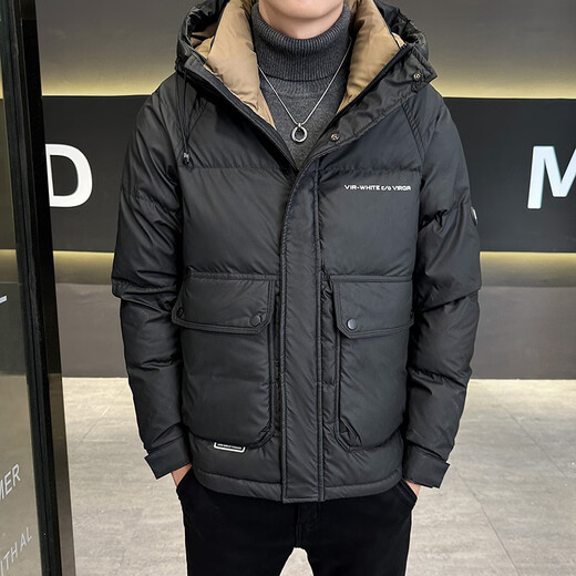 Snow Flying (SNOWFLYING) Lightweight Down Jacket Men's 2025 New Hooded Trendy Brand Short Thickened Coldproof Clothing Warm Winter Men's Jacket Black 2XL Recommended 130-155Jin Jin is equal to 0.5 kg