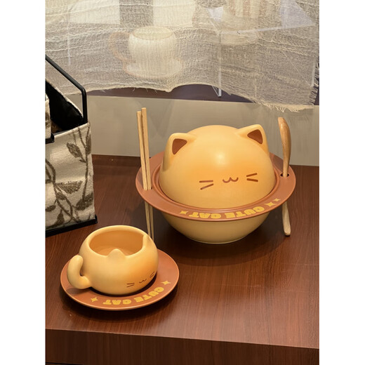Aoyanlai cute kitten instant noodle bowl coffee cup and saucer ceramic tableware set for student dormitory moving birthday gift cat instant noodle bowl_come with chopsticks and spoon