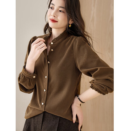 Demana Cheese Brushed Winter Warm Slim Shirt Commuting Stand Collar Lace Decoration Puff Sleeve Shirt Women's Top