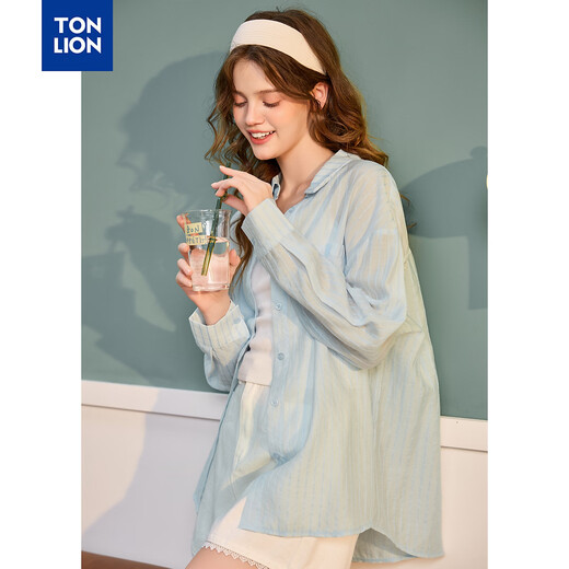 TonLion 2026 Spring Women's Striped Long-Sleeved Shirt Light Blue S