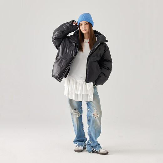 GOLFCROSS 90 velvet pleated glossy letter print strappy thickened hooded down jacket for men and women, black XL