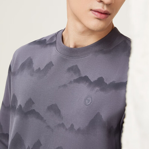 Qipai Xinjiang cotton/national style landscape print round neck sweatshirt for men 2025 autumn and winter new casual versatile top trend dark gray S (165)