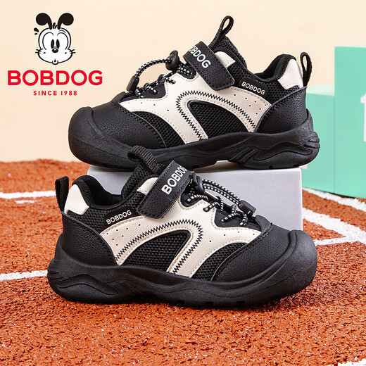 BOBDOG children's shoes 2026 new spring breathable running shoes for boys and older children, girls' shoes, mesh children's sports shoes, black/meter 26, suitable for feet length 16.0CM
