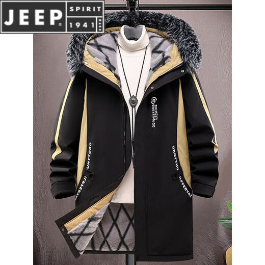 JEEP SPIRIT парка средней длины с меховым воротником для мужчин осенью и зимой плюс бархатная утолщенная куртка с капюшоном, хлопковая зимняя ветровка 6687, черный съемный меховой воротник M