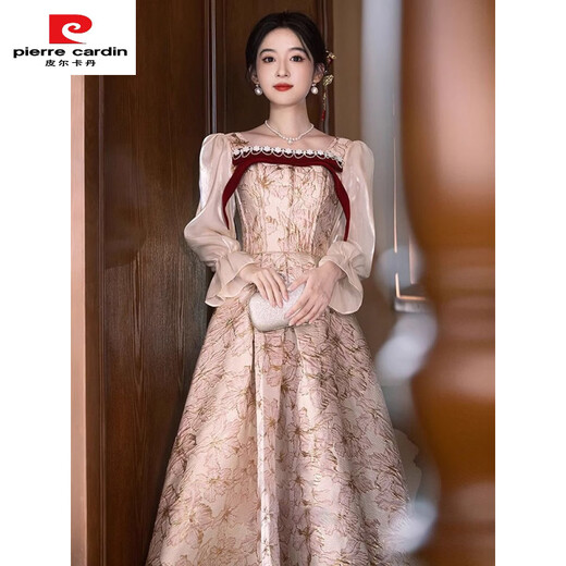 Pierre Cardin Engagement Dress Women 2025 New Style Spring Long-Sleeved Toast Wear Bridal Fashion Slim Dress Champagne 2XL