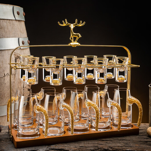 High-end light luxury crystal glass white wine glass set, household Chinese-style one-cup, small wine glass, two-quarter wine set, transparent handleless, 6 pots, 6 cups + golden deer cup holder