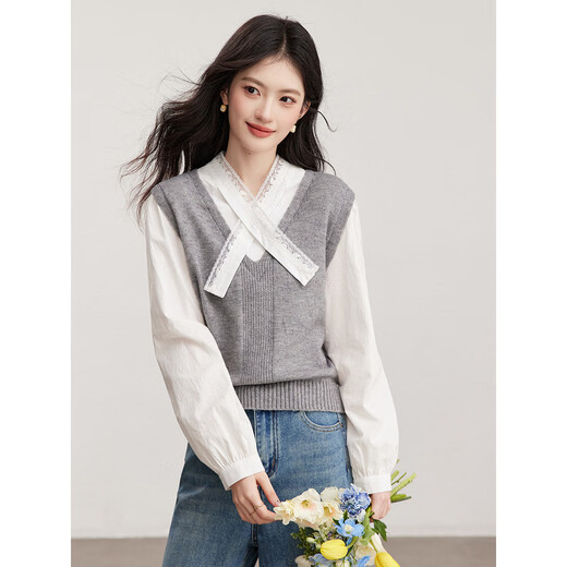Fanximan gray college style fake two-piece sweater for women 26 spring new lace splicing design top 30597 gray one size